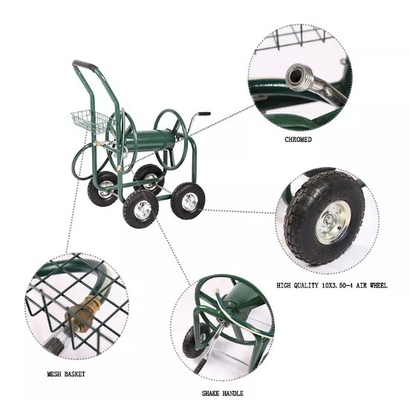 Four-Wheel Steel Garden Hose Reel Cart for Convenient Heavy Duty Tool and Hose Storage