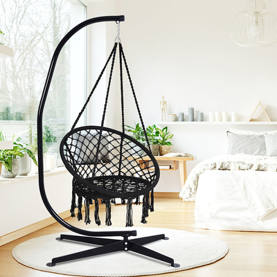 Collapsible Macrame Swing Hammock Chair With Durable Hanging Kits And C Shape Swing Stand