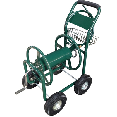 Sturdy Iron Garden Water Hose Reel Cart With Four Metal Wheels Durable Construction