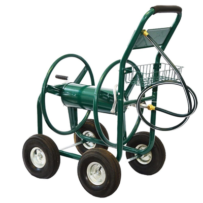 Green Iron Garden Water Hose Reel Cart with Four Metal Wheels