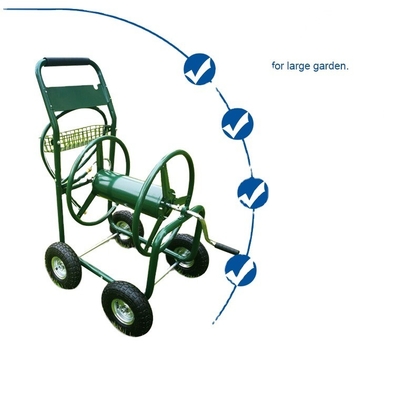 Green Iron Garden Water Hose Reel Cart with Four Metal Wheels