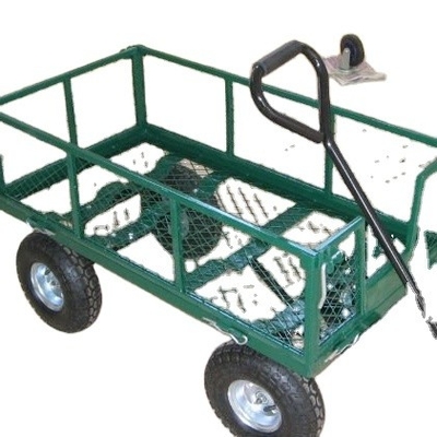 Green Heavy Duty Steel Mesh Yard Garden Jumbo Crate Wagon Utility Garden Trolley Cart with 4 Four Wheels