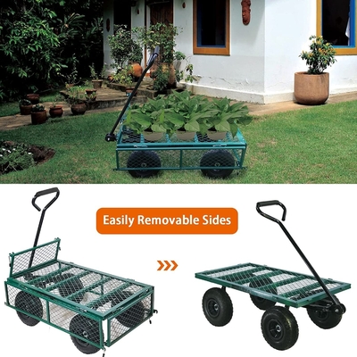 Green Trailer Cart Portable Heavy Duty Metal Gardening Trolley with Four-wheel Design