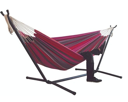 Modern Double Cotton Hammock with Portable Steel Stand Relax and Unwind Anywhere