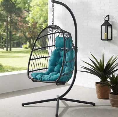 Foldable Patio Swing Hanging Chair With Stand Rattan Hanging Round Swing Egg Chair