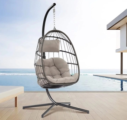 Foldable Patio Swing Hanging Chair With Stand Rattan Hanging Round Swing Egg Chair
