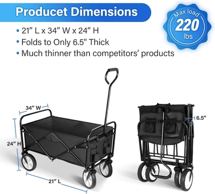Iron Collapsible Folding Outdoor Utility Wagon with Wheel Brakes and 2 Cup Holders