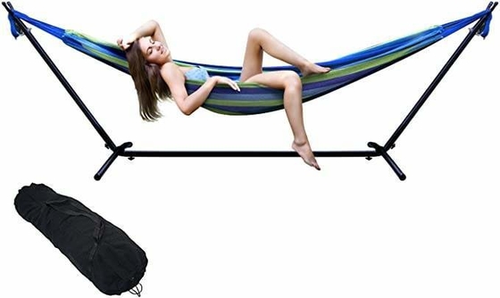 Outdoor Activity Double Canvas Stripe Hammock With Steel Stand For Backyard Lounging
