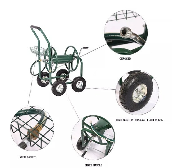 Four-Wheel Steel Garden Hose Reel Cart for Convenient Heavy Duty Tool and Hose Storage