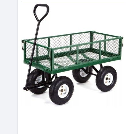 Portable Green Four-wheel Metal Garden Wagon Ideal for Yard Work and Decoration