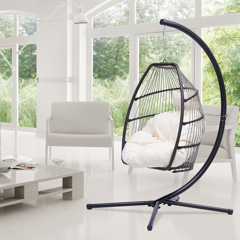 Collapsible Macrame Swing Hammock Chair With Durable Hanging Kits And C Shape Swing Stand