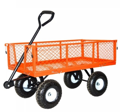 Green Foldable Steel Mesh Tool Cart for Heavy Duty Lawn Garden Yard Trolley Wagon Cart