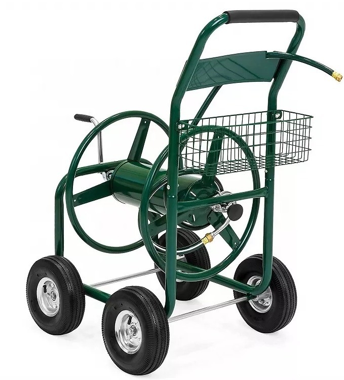Stainless Steel Heavy Duty 4-Wheel Metal Garden Water Hose Holder for Outdoor Storage