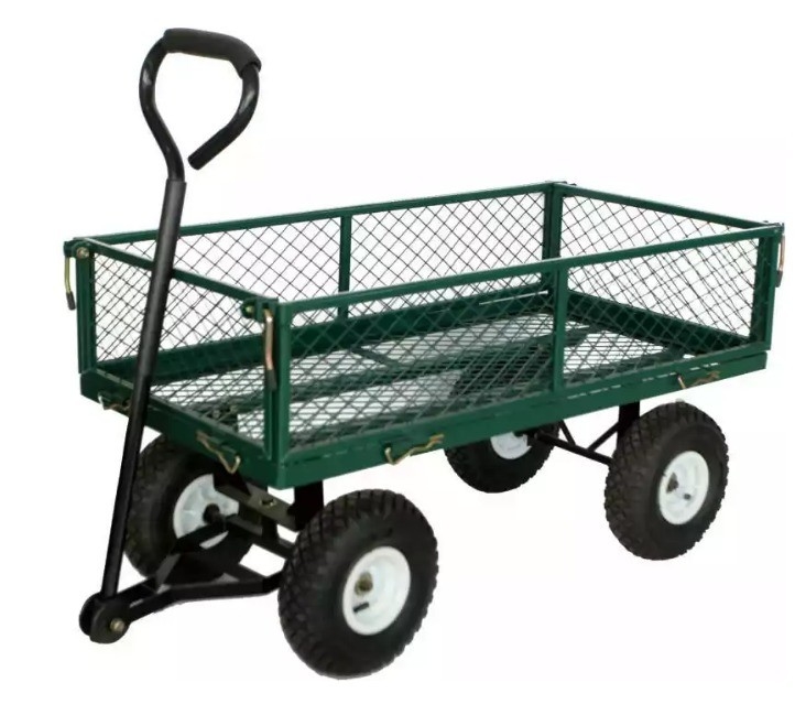 Green Four Wheel Garden Wagon Cart For Heavy Duty 300kg Load Capacity Transport