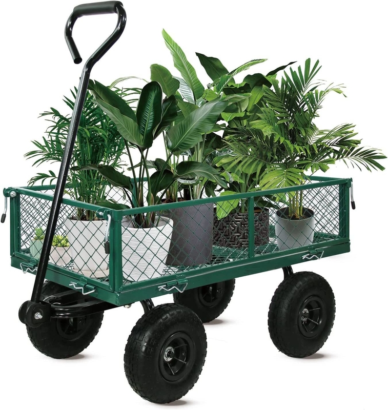Green Trailer Cart Heavy Duty Metal Trolley for Outdoor Gardening 17KGS Weight Capacity