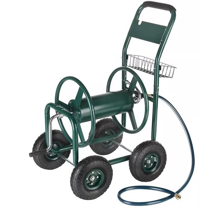 Heavy Duty Water Garden Hose Reel Cart with Basket Stainless Steel and Customized Design