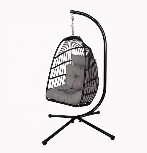 Outdoor Foldable Rattan Hanging Round Swing Egg Chair with Stand and 200KGS Capacity